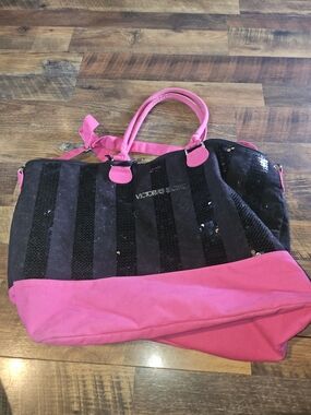 Victoria's Secret Pink and Black Striped Weekend Tote
